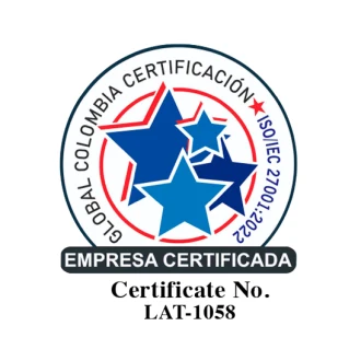 ISO/IEC 27001:2022 certification seal, Global Colombia Certificación, Certificate No. LAT-1058